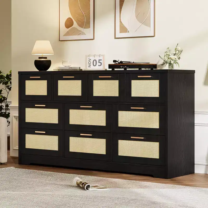 Rattan Dresser for Bedroom with 10 Drawer, Large Wood Chest of Drawers with Gold Metal Handles, Boho Wide Dresser for Bedroom, Living Room