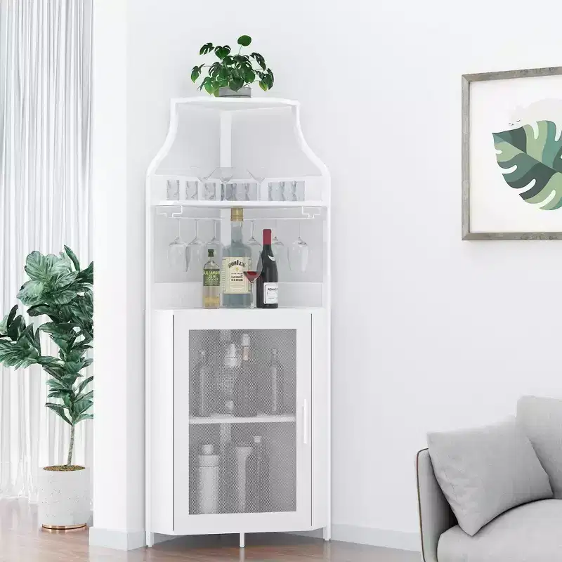 White Corner Wine Cabinet for Small Spaces, Holds 50+ Bottles & Glassware
