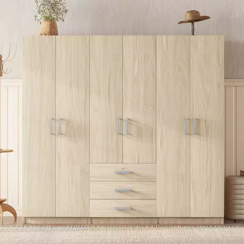 6-Door Wooden Wardrobe with Drawers for Bedroom