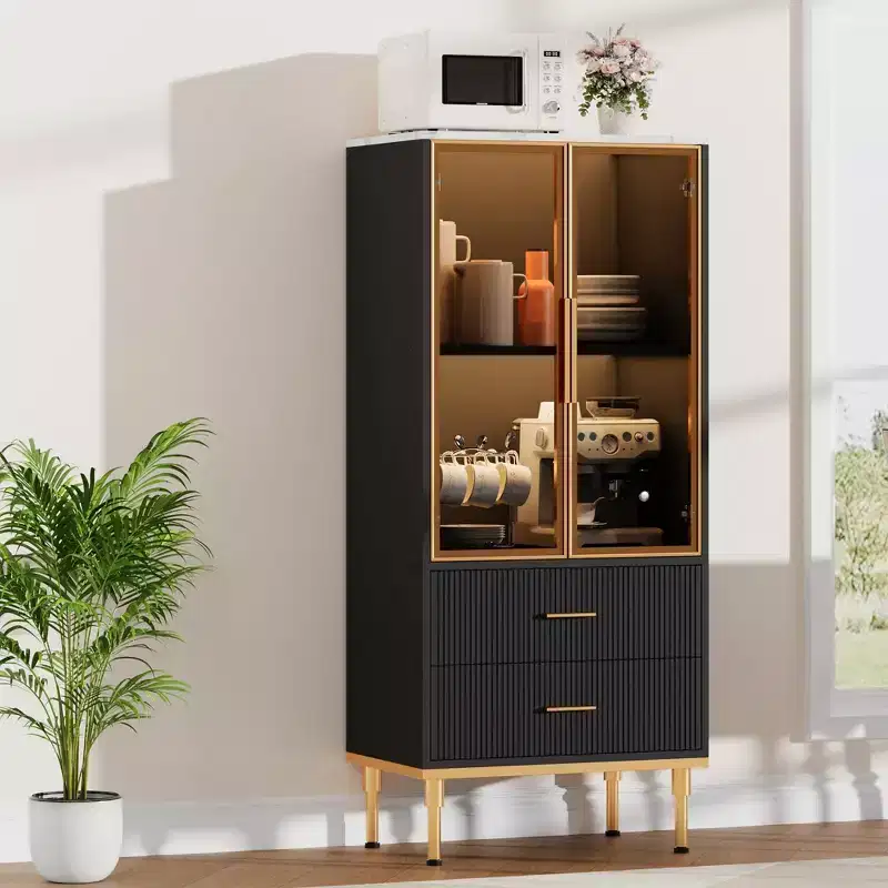 Fluted Storage Cabinet with Glass Door and 2 Drawers, Modern Display Storage Cabinet, Kitchen Pantry with Adjustable Shelves for Collectibles