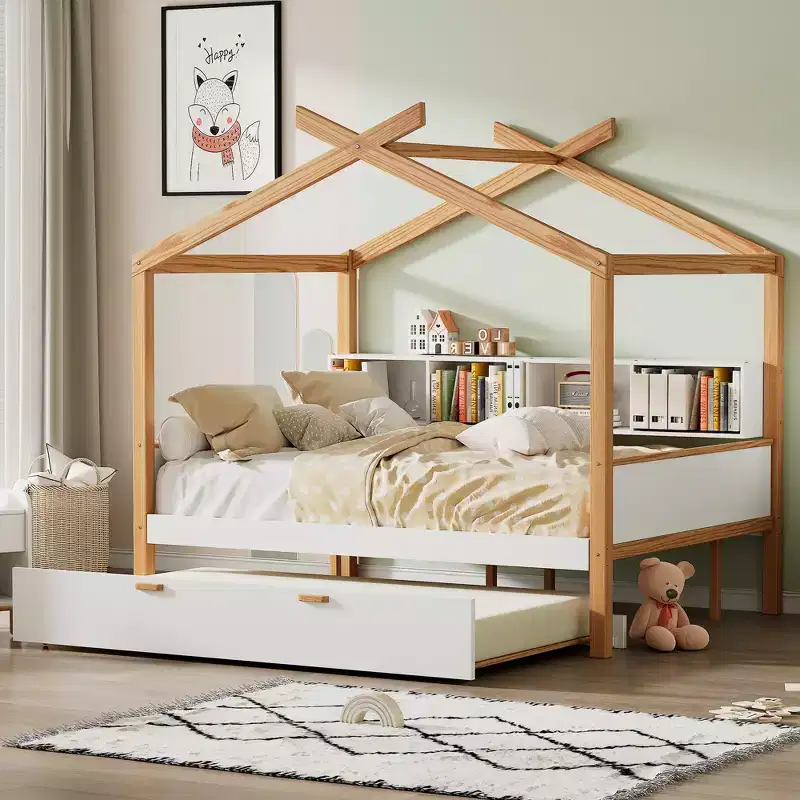 Twin/Full Size House Bed with Trundle or Drawers, Bookshelf, Natural+White