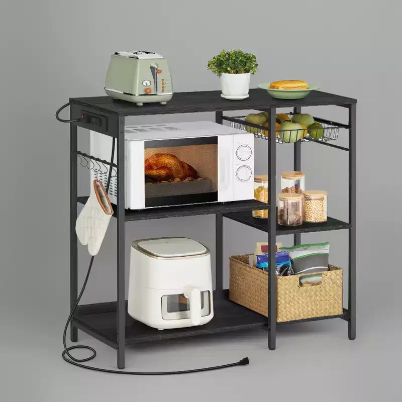 Baker's Rack Coffee Bar Stand with Charging Station, Pull-Out Wire Basket & Adjustable Shelves, 400 lbs