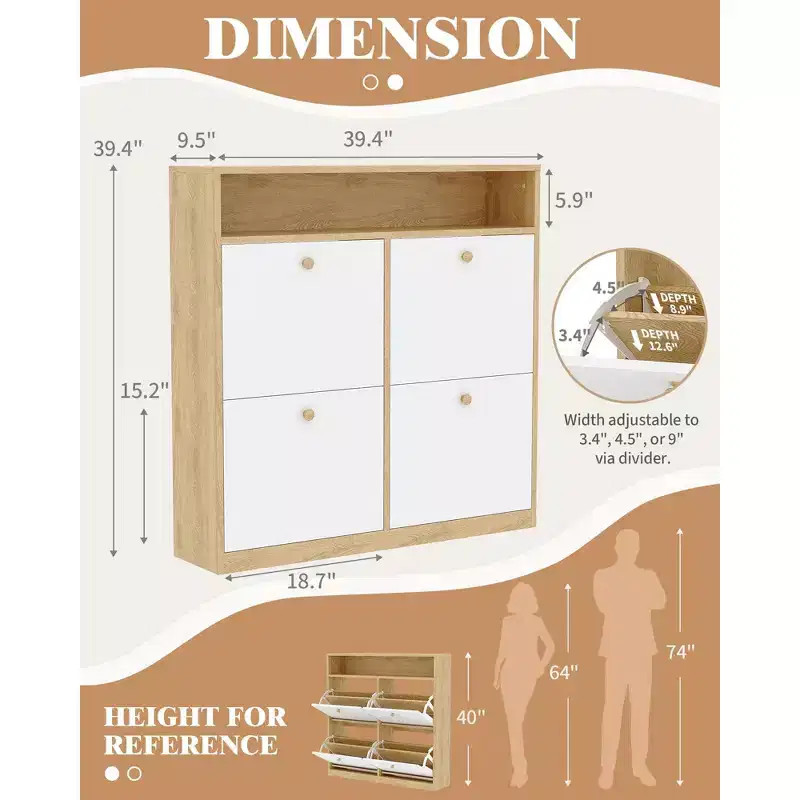 Narrow Wooden Entryway Shoe Cabinet with 4 Flip Drawers & Open Shelf, Freestanding Shoe Storage Organizer for Entryway, Hallway and Bedroom