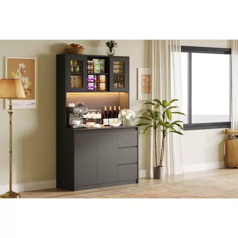 71 Tall Kitchen Pantry Cabinet, Kitchen Storage Hutch with Led Lights and Power Outlets Microwave Stand, Glass Door