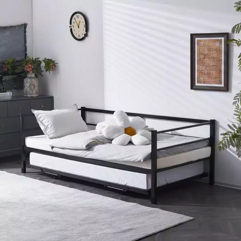 Karl Home White Twin Size Daybed with Pop Up Trundle Heavy Duty Metal Twin Bed with Trundle No Box Spring Needed