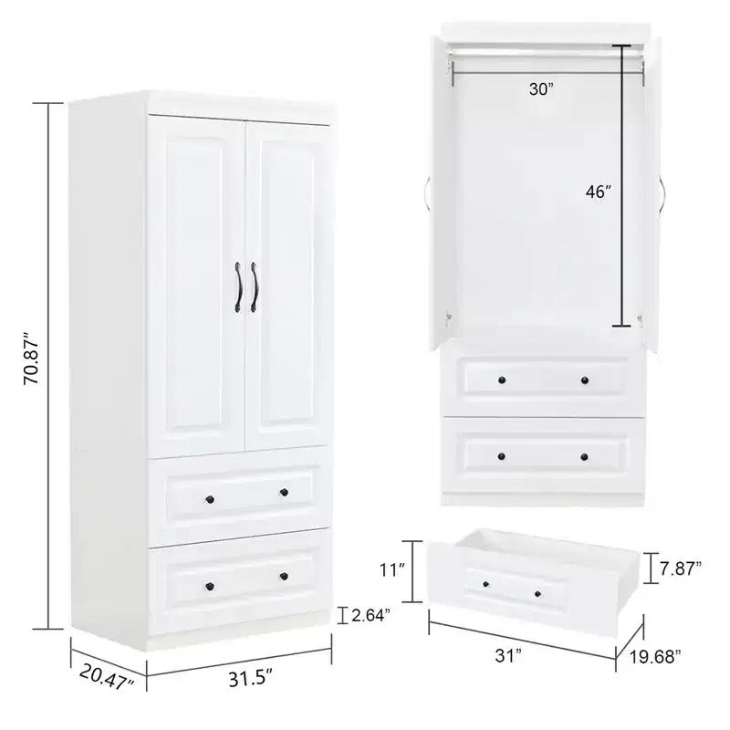 White Wood 31.5 in. Armoire with 2 Drawers, 1 Shelf and Hanging Rails