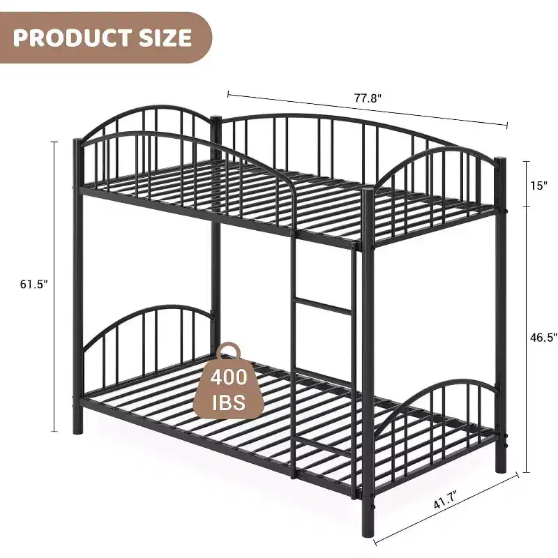 Twin Over Twin Metal Bunk Bed, Heavy-Duty Frame with Arched Guardrails and Safety Ladder, Sturdy Steel Design for Kids, No Box Spring Required.