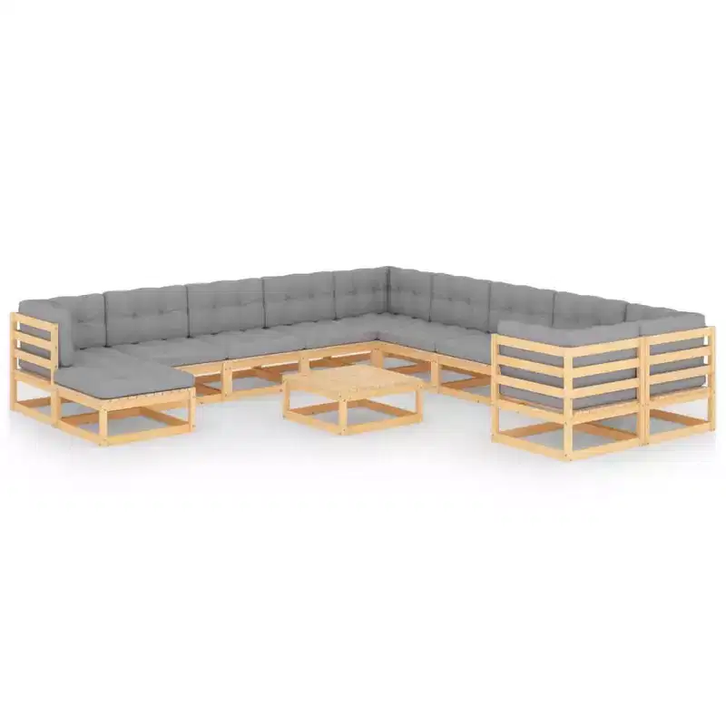 vidaXL Patio Furniture Set 12 Piece Outdoor Sectional Sofa Solid Wood Pine - Natural With Cushions