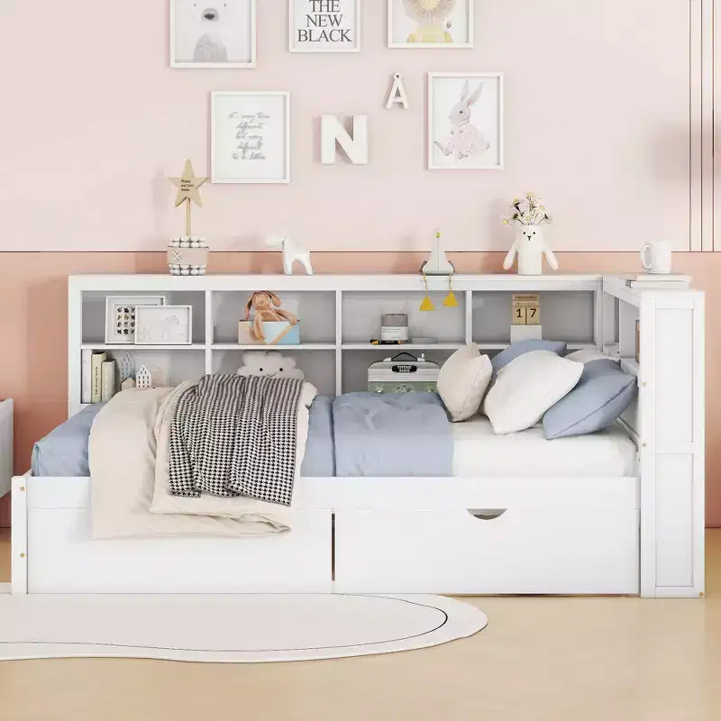 Wooden Full Daybed with 2 Drawers, Storage Shelf and USB Charging Ports, White