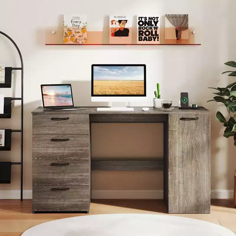 Computer Desk with Power Outlets Large Executive Desk with 4 Storage Drawers Gray/White