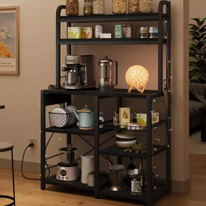 Bakers Rack with Power Outlet, Kitchen Baker Rack with Wire Basket, Microwave Stand with Large Open Storage Shelves, 6-Tier Freestanding Storage Shelf
