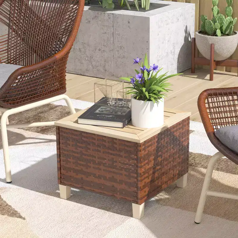 Outdoor Side Table with PE Rattan, Patio End Table with Natural Fir Wood Tabletop and Legs, Weather Resistant Accent Table for Patio Pool Porch