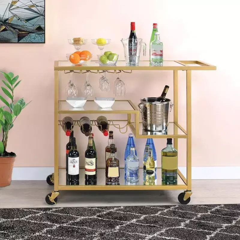 Metal Framed Serving Cart with Wine Bottle Holder and Stemware, Gold and Clear