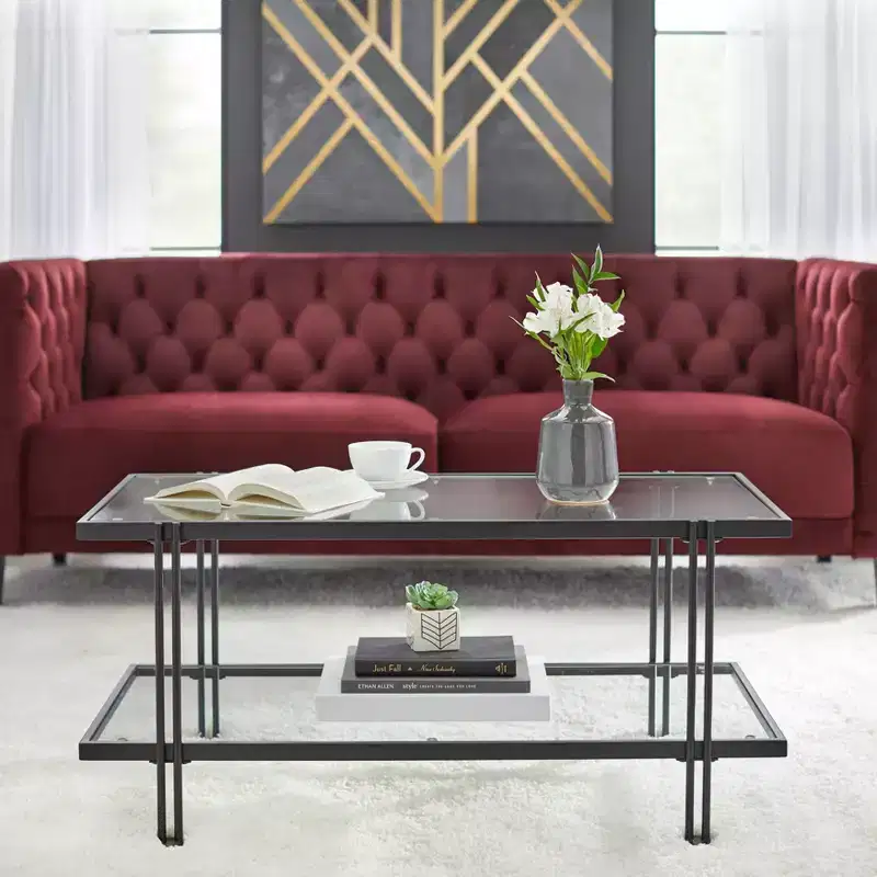 Metal and Glass Coffee Table, Black, 2-Tier, Tempered Glass Shelf, Powder-Coated