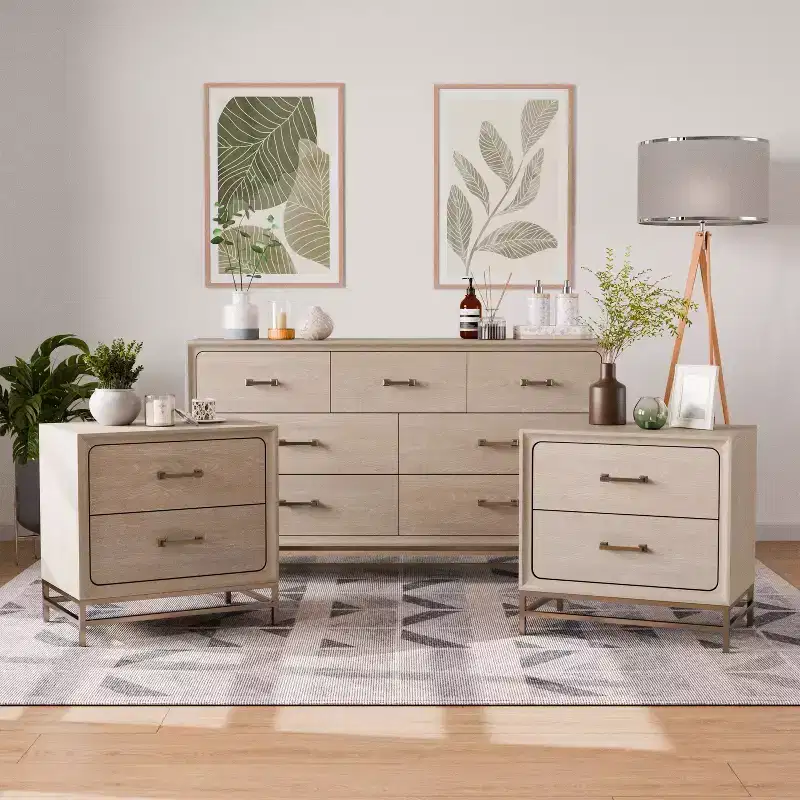 HOMES: Inside + Out 3pc Neovesi Wood 2 Nightstand and Dresser Set Boho Oak