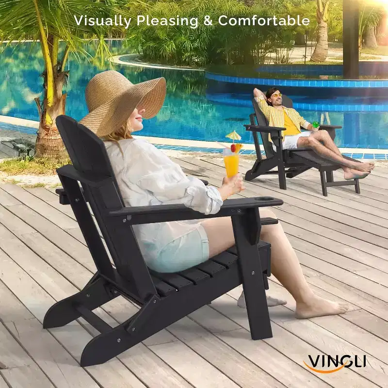 VINGLI Waterproof Folding Adirondack Chair set of 2 with Ottoman, for Outside with Hidden Footrests, Foldable Ergonomics Seating