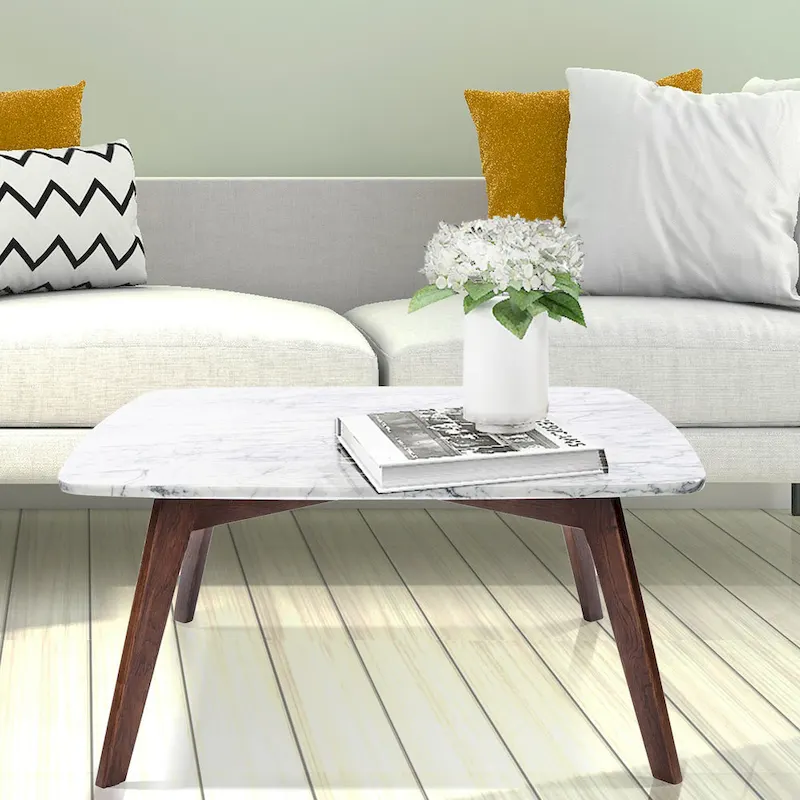 Vezzana 31  Square Italian Carrara White Marble Coffee Table with Walnut Legs