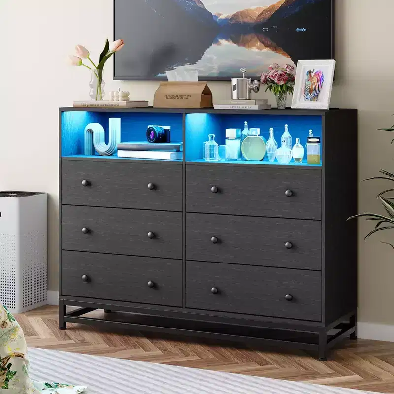 6 Drawer Double Dresser TV Stand, Bedroom Dresser with Power Outlet & LED Light, Wood Dresser for Room, Hallway, White