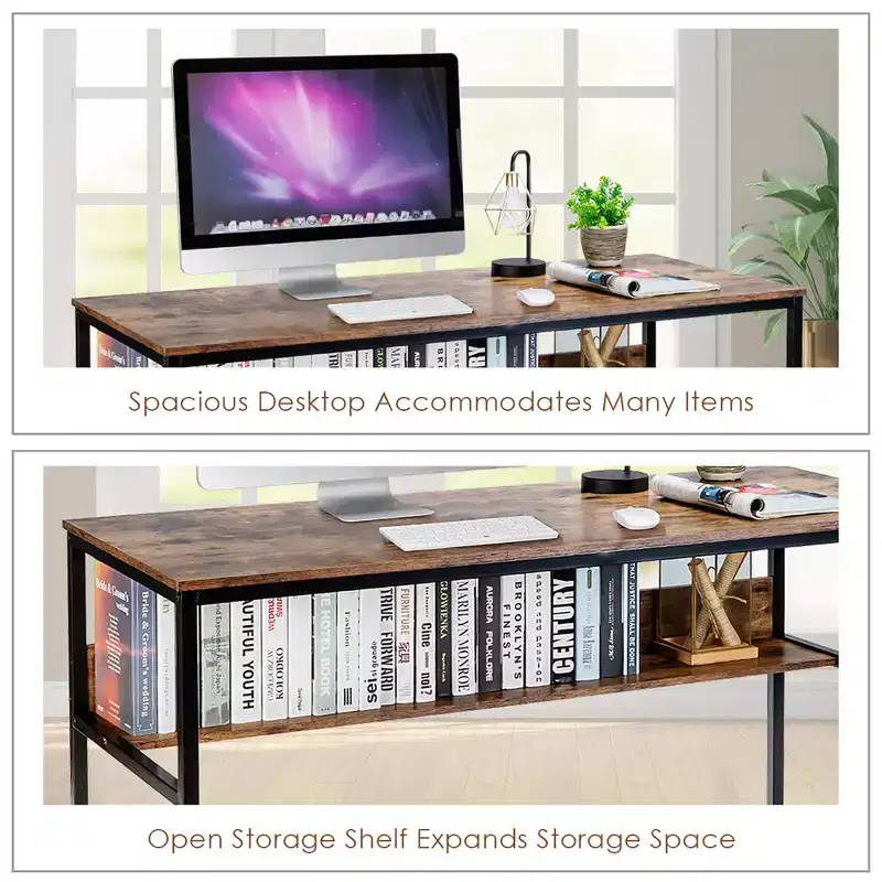 Costway 55'' Industrial Computer Desk w/ Storage Shelf Adjustable Foot Pads