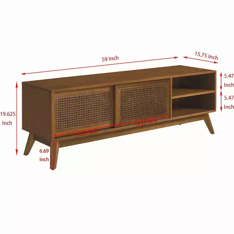 59-inch Mid-Century Modern Rattan Media Console for 65-inch TVs, Solid Wood Base with Rattan Cabinet Doors - Light Wood