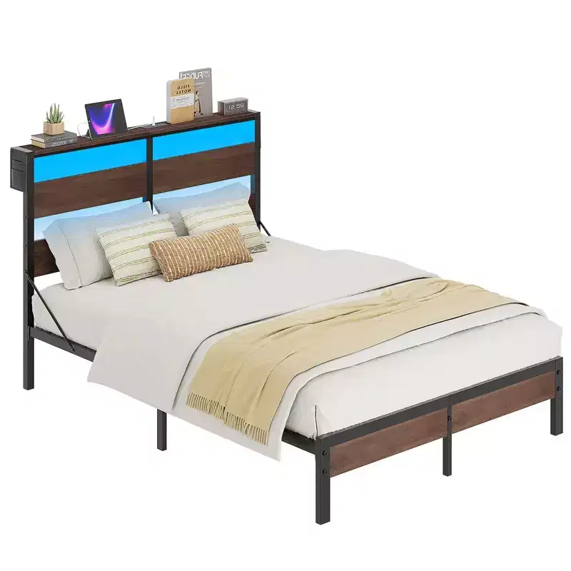 Twin Bed Frame with LED Lights & Charging Station - High Headboard, Under-Bed Storage, Noise-Free, Easy Assembly