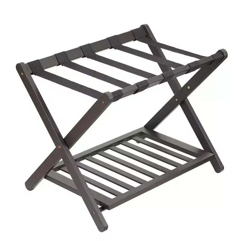 Folding Bamboo Luggage Rack with Storage Shelf 5 Durable Nylon Straps Holds 150 lbs Space-Saving Stand for Bedroom Guest Room Hotel