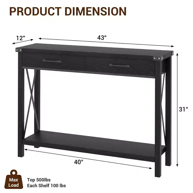 31 Console Table, Industrial Style Console Table with Drawers and Open Storage Shelves, 2-tiered Narrow Sofa Table, Entryway Hallway Table