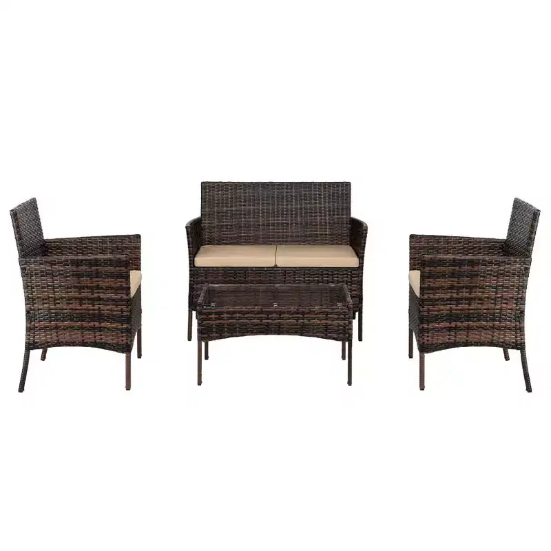 Karl Home 4-Piece Wicker Patio Conversation Set with Beige Cushions