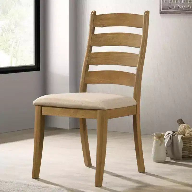 Simple Relax Set of 2 Upholstered Dining Chairs with Ladder Back in Brown Oak and Beige