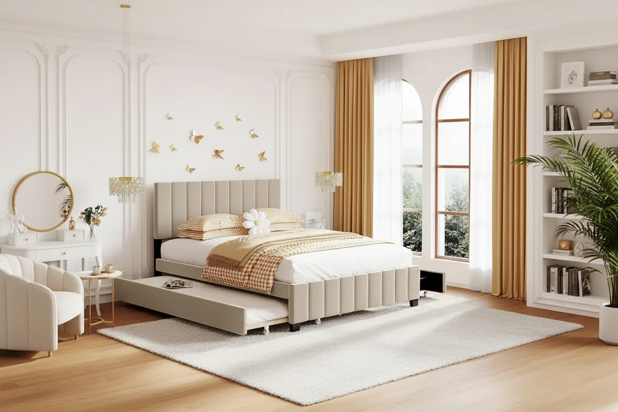 Queen Size Velvet Upholstered Platform Bed with 2 Drawers and 1 Twin XL Trundle