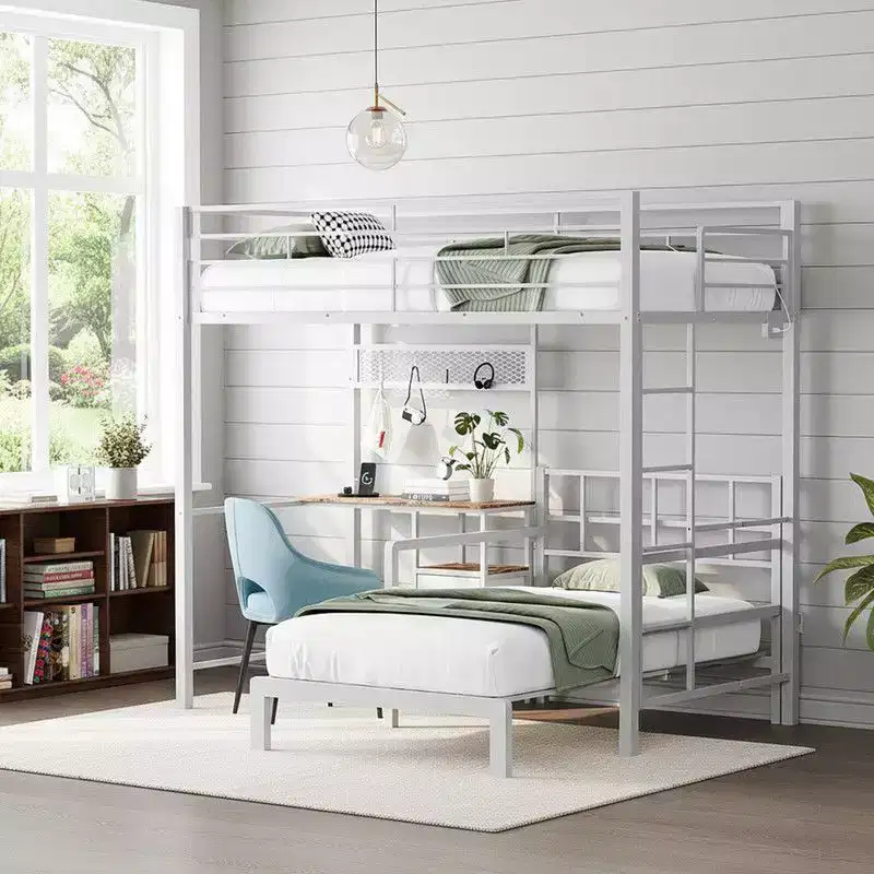 Karl Home Twin Size Metal Bunk bed with Desk,Drawers,LED Strip,USB Charging Station, Guardrails and Ladder