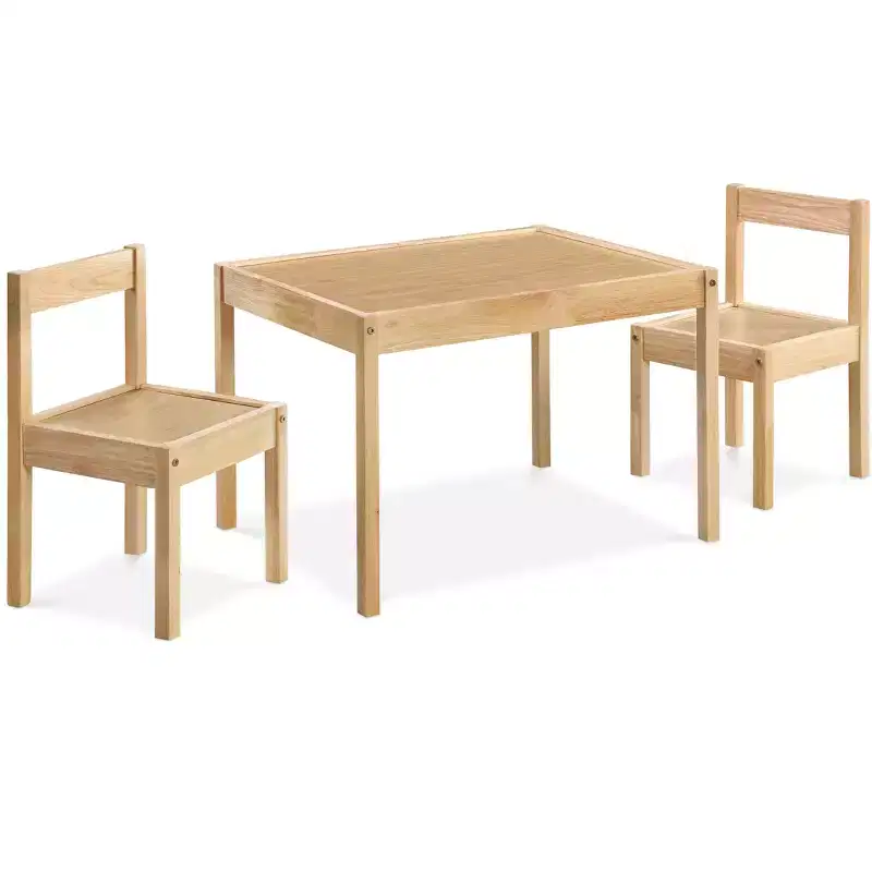 Etokfoks 3 Piece Solid Wood Kids Table and Two Chair Set Natural Space Saving Design for Arts Crafts and Playroom Activities