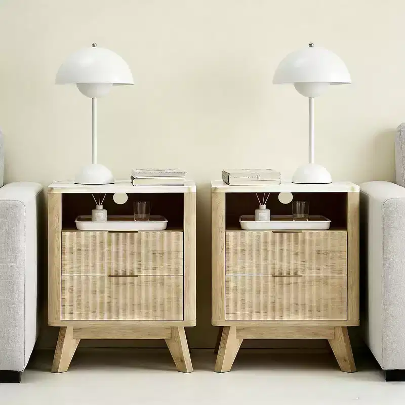 Compact 18 Modern Nightstand with Faux Marble Top, Curved Edge Side Table with 2 Drawers and Open Storage for Bedroom or Living Room