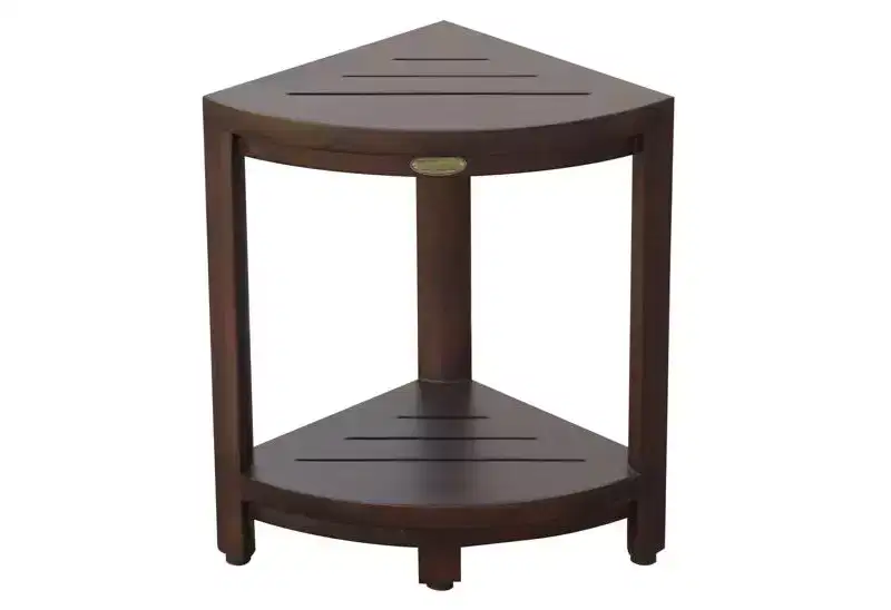 HomeRoots Compact Triangular Teak Shower Outdoor Bench With Shelf In Brown Finish