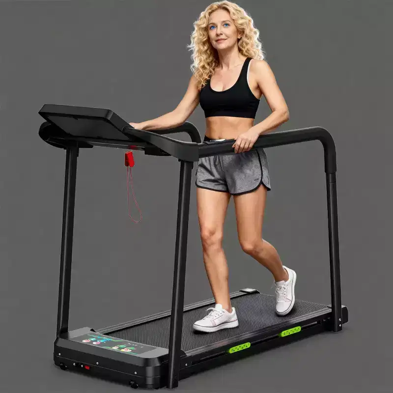 Foldable Walking Pad Treadmill for Seniors, Safe Stable Design with Long Handrail, Large LED Display, 300Lbs Weight Capacity