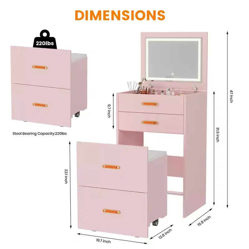 3 in 1 Vanity Desk, Makeup Desk with Flip-up 3 Colors Lighting Mirror and Cushioned Stool, Small Vanities Nightstand Perfect for Bedroom, Pink