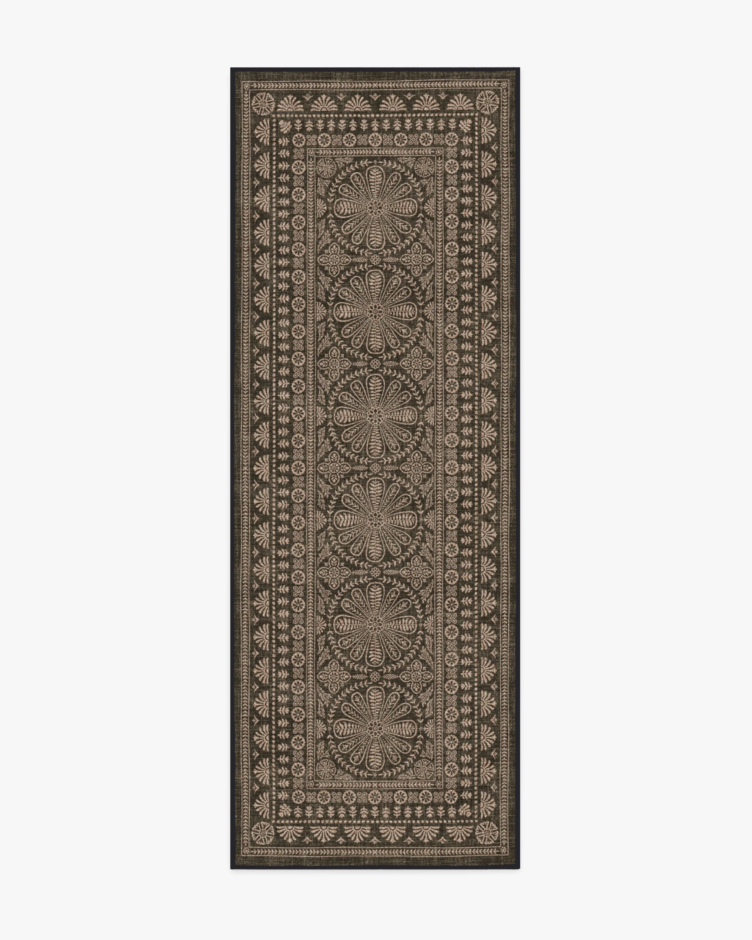 Traditional Artisan Recycled Polyester Flatwoven Rug with Black Floral Border Jute Texture for Living Room & Study