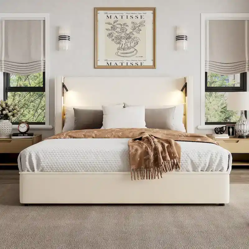 Upholstered Bed Frame with Reading Lamp & USB Port, Padded Headboard, Modern Bedroom