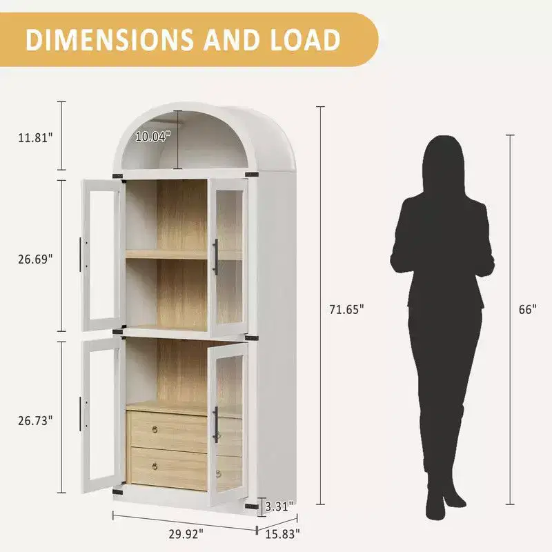 Arched Farmhouse Bookshelf with Doors & Drawers – 71.4