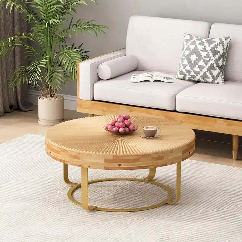 Modern Round Coffee Table with Carved Wood Pattern & Metal Legs