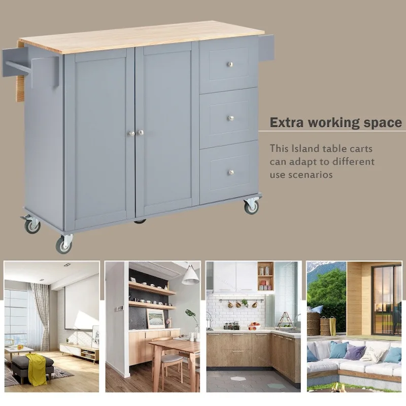 52.7 Rolling Mobile Kitchen Island with Solid Wood Top