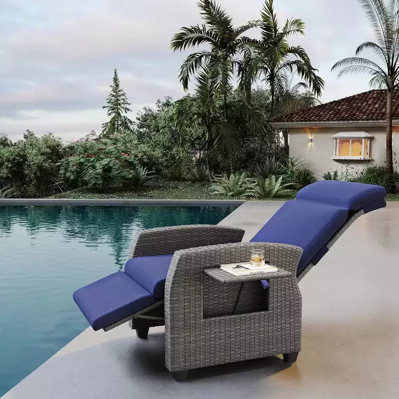 Patio Recliner Chair, Adjustable Back Footrest PE Wicker Weather Resistant with Flip Up Table Air Pump