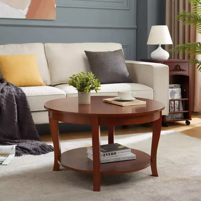2-Tier Round Coffee Table with Open Shelf for Living Room