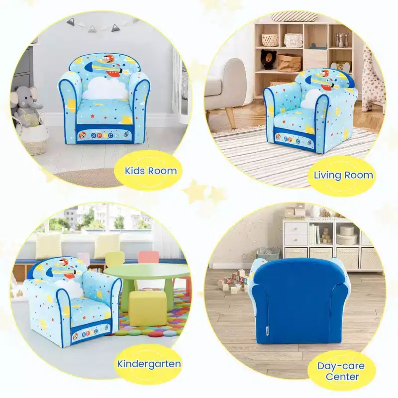 Kids' Sofa Chair – Toddler Upholstered Armchair, Wooden Frame, Blue