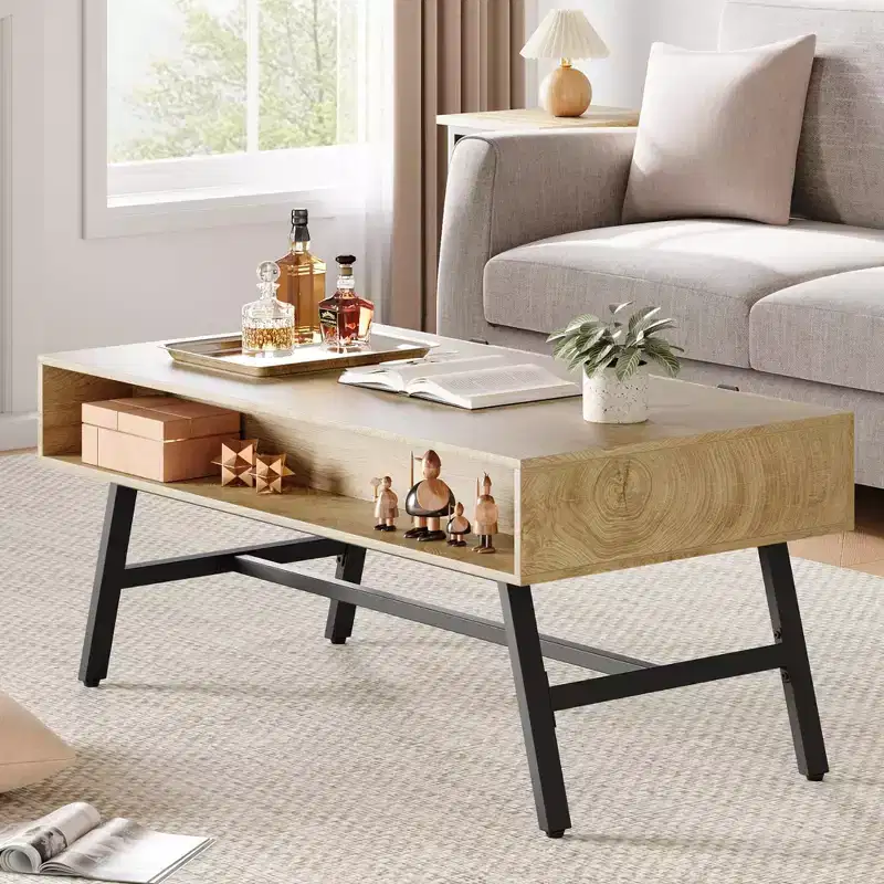 GustoWave Wood Center Table, Mid Century Modern Coffee Table with Drawer & Open Shelf for Living Room, Nature Wood
