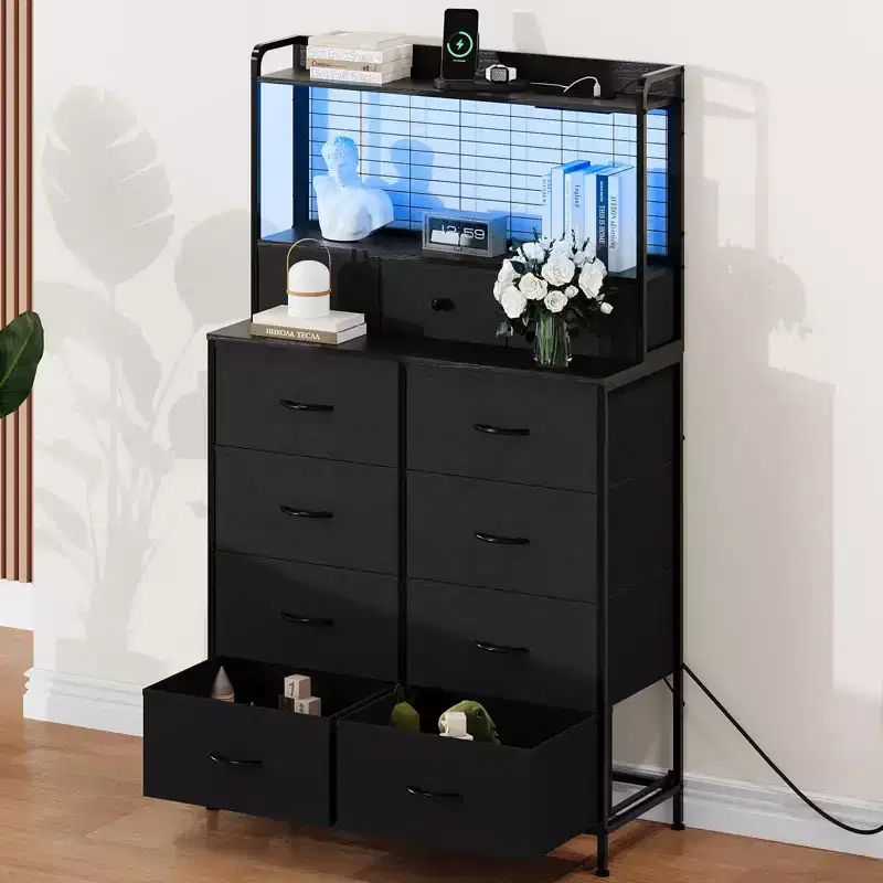 Dresser, Smart Dresser with 11 Fabric Drawers, Built-in Charging Station & App-Controlled RGB , White Industrial