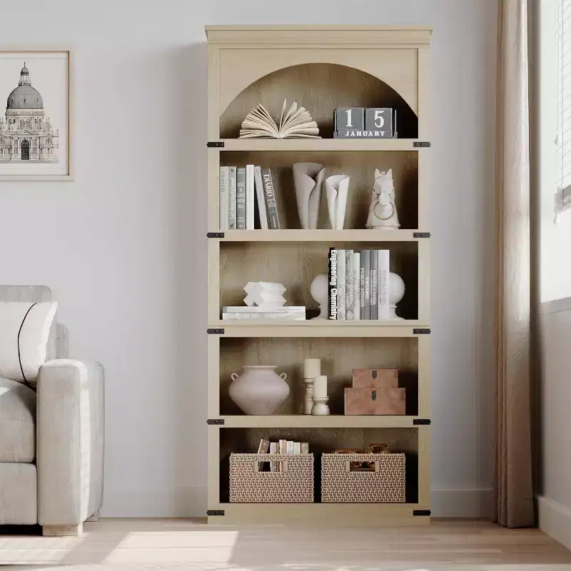 Arched Bookcase 5 Shelf Bookshelf 68.7 Tall Bookcase Farmhouse Curved Storage Rack Wooden Bookshelves for Home Office Natural