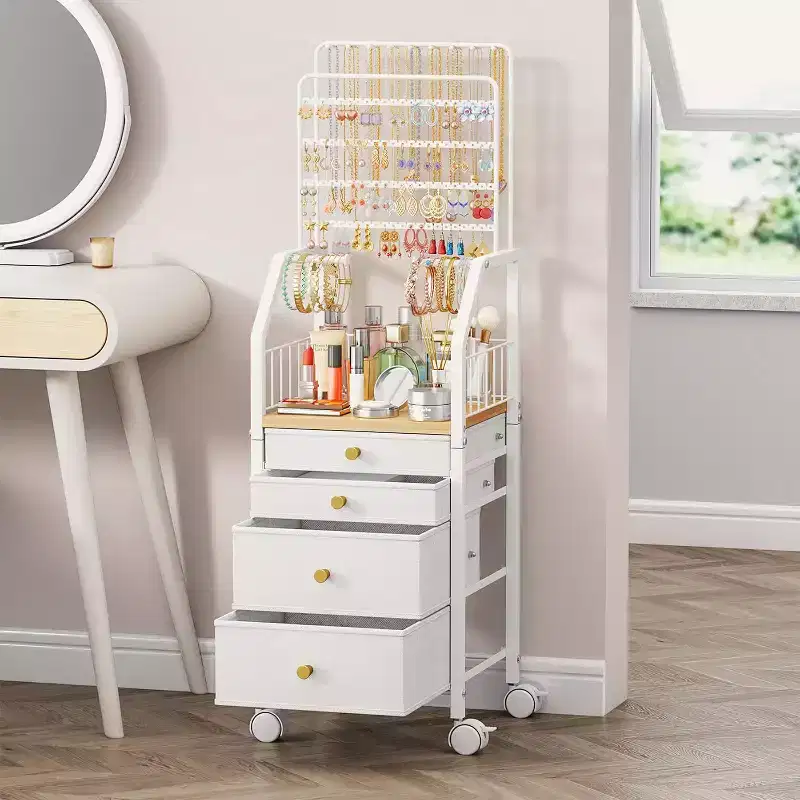 Large Jewelry Organizer Stand,Multifunctional Tower for Necklace Earring Ring Bracelet,Movable Holder with 4 Nonwoven Drawers for Bedroom,White