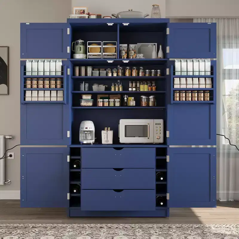 Large Shaker Style Kitchen Pantry with 2 Power Outlets, Adjustable and Door Shelves