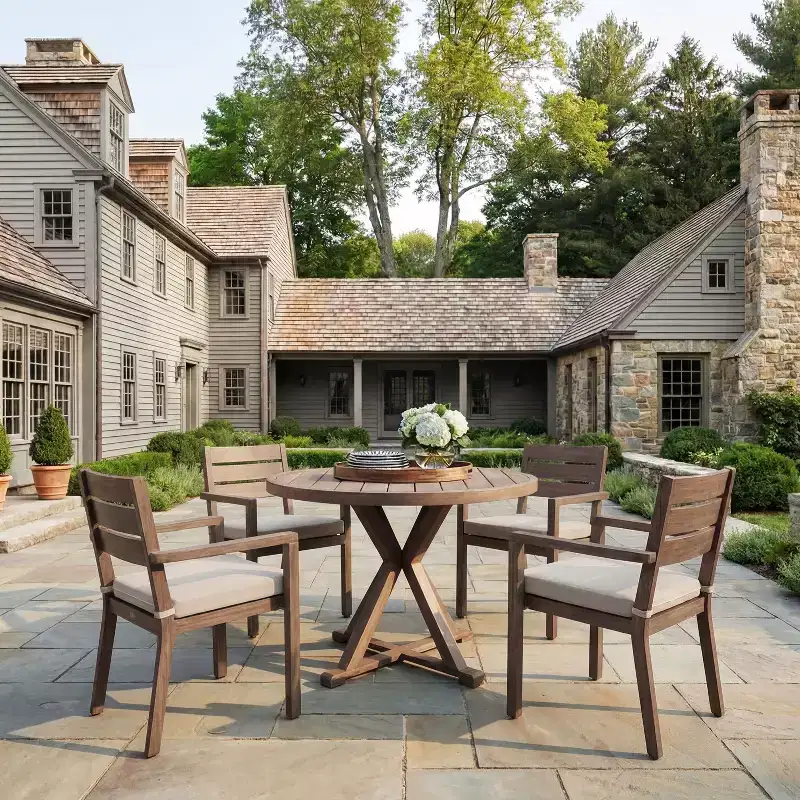 Martha Stewart Bedford 5 Piece Aluminum Patio Set, 4 Stackable Dining Armchairs with Cushions, 36 Round Trestle Base Table, Brushed Woodgrain Finish